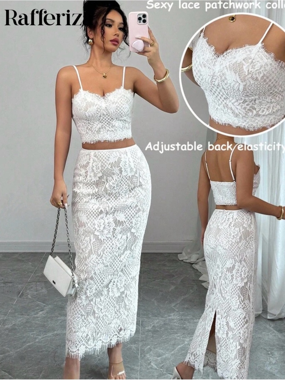 White Lace Two-Piece Midi Skirt Set